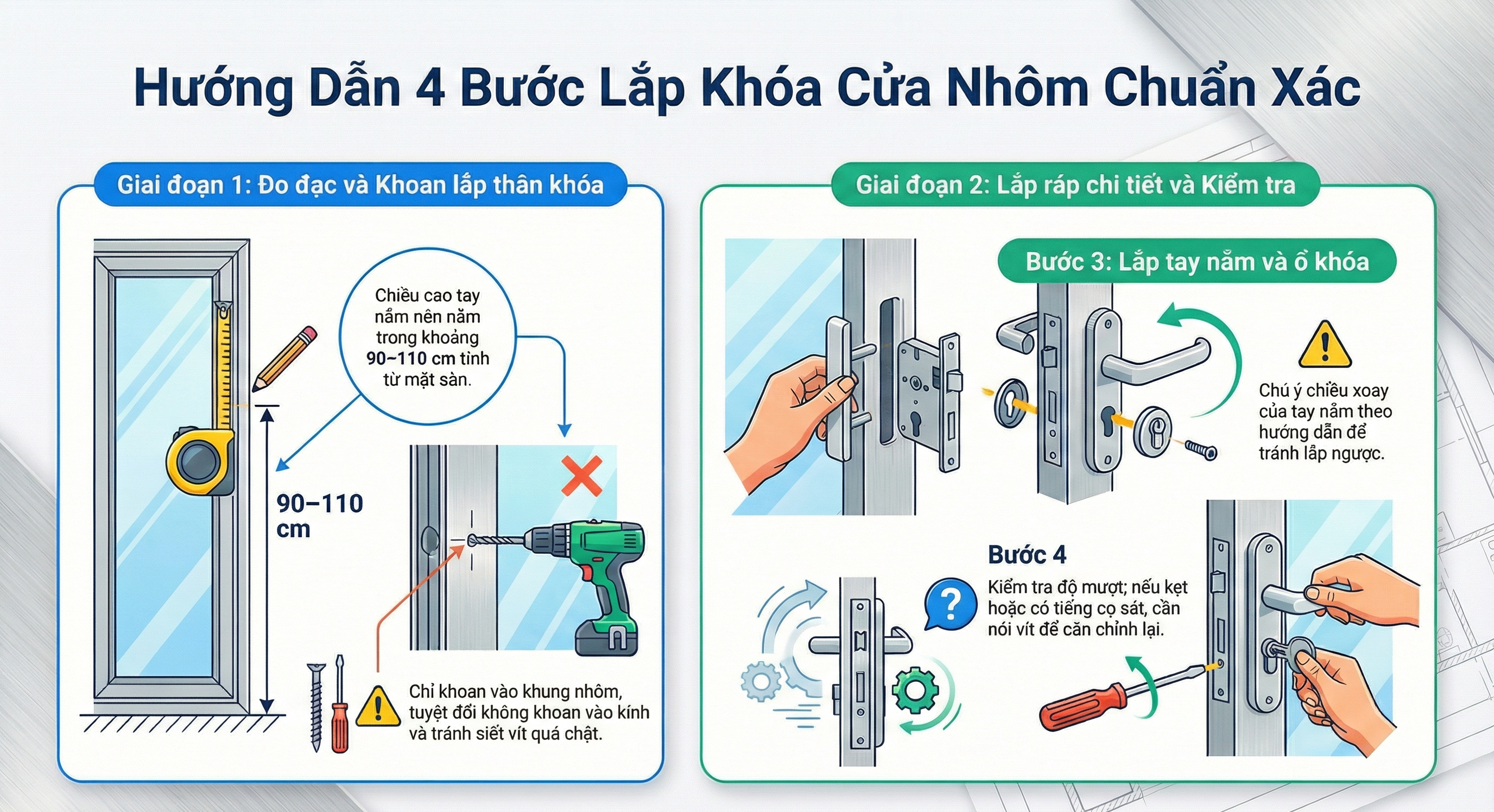 Hướng dẫn 4 bước lắp khóa cửa nhôm kính chuẩn xác